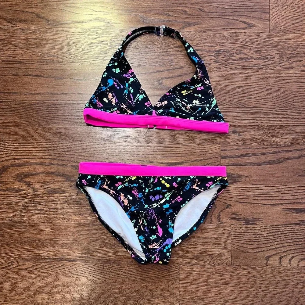 ⭐Y2K Ocean Pacific Paint Splatter Bikini Neon Pink Halter Two Piece XXS